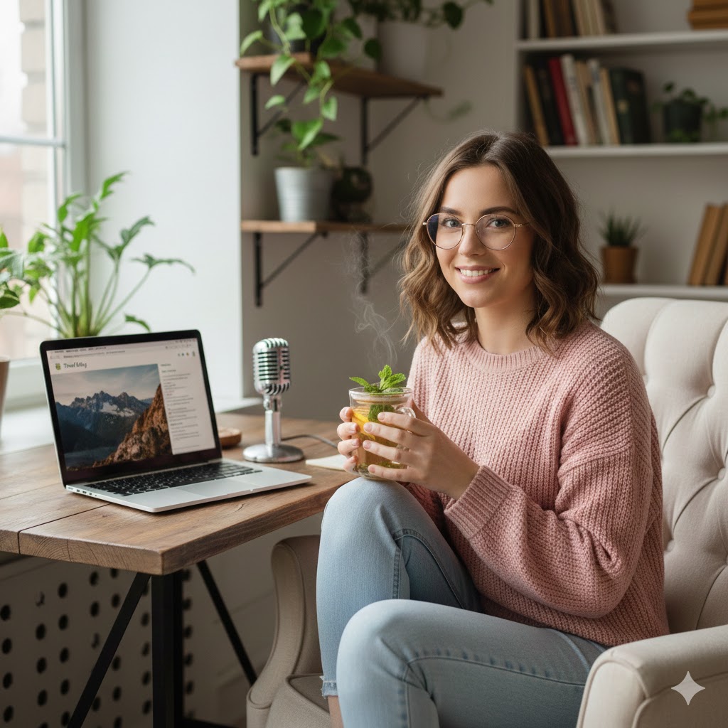 Taylor P - Blogger drinking herbal tea after posting her first paid content of the day